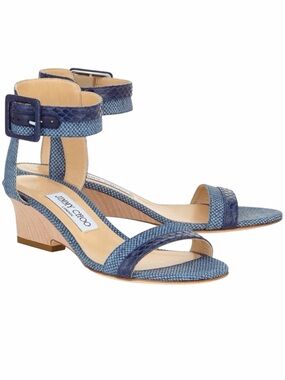 Jimmy Choo Mansy Two Tone Blue Ankle Strap Demi Wedge Low Sandals SZ 39 8.5